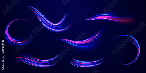 Neon line as speed or arc, turn, twist, bend in light effect. Light arc in neon colors, in the form of a turn and a zigzag. ig set of light neon lines in the form of swirl and spirals.  
