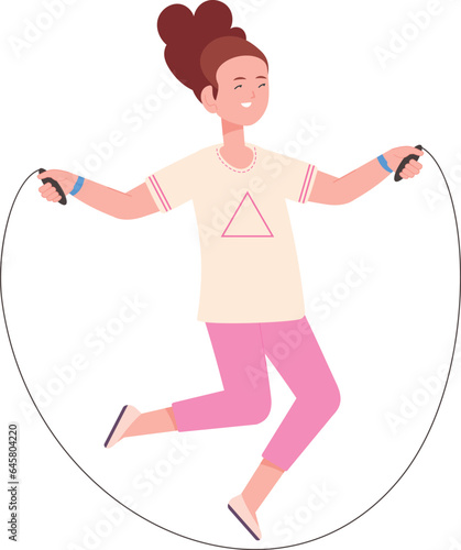 Cheerful girl jumping with skipping rope. Active kid