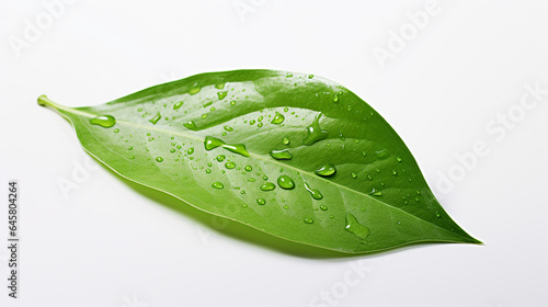 isolated shot of a green leaf with water droplets, against a white background