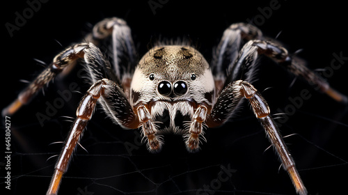 An isolated macro shot of a spider weaving its web, with a black background