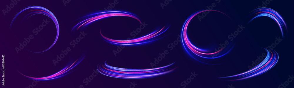Fototapeta premium Expressway in long delay, with car lights at night on autobahn. Vector glitter light fire flare trace. Light arc in neon colors, in the form of a turn and a zigzag. 