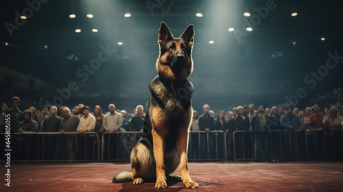 A pedigreed purebred German Shepherd dog at an exhibition of purebred dogs. Dog show. Animal exhibition. Competition for the most purebred dog. Winner, first place, main prize.