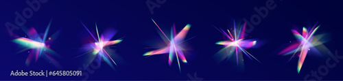 Abstract refraction glow effect on black background. Set of colorful vector lenses and light flares with transparent effects. Transparent refraction elements.	