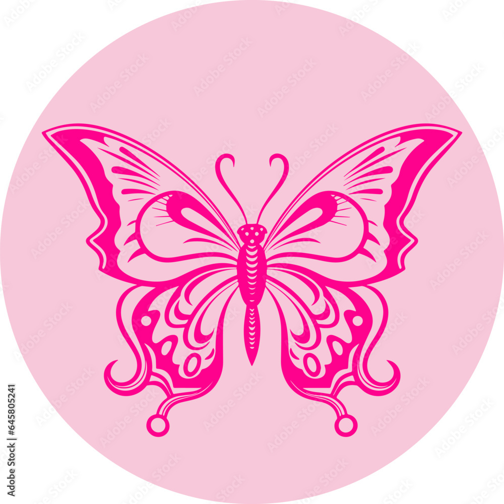 Pink butterfly mascot silhouette in a circle. Flat vector illustration. Pink butterfly mascot silhouette in a circle. Flat vector illustration.