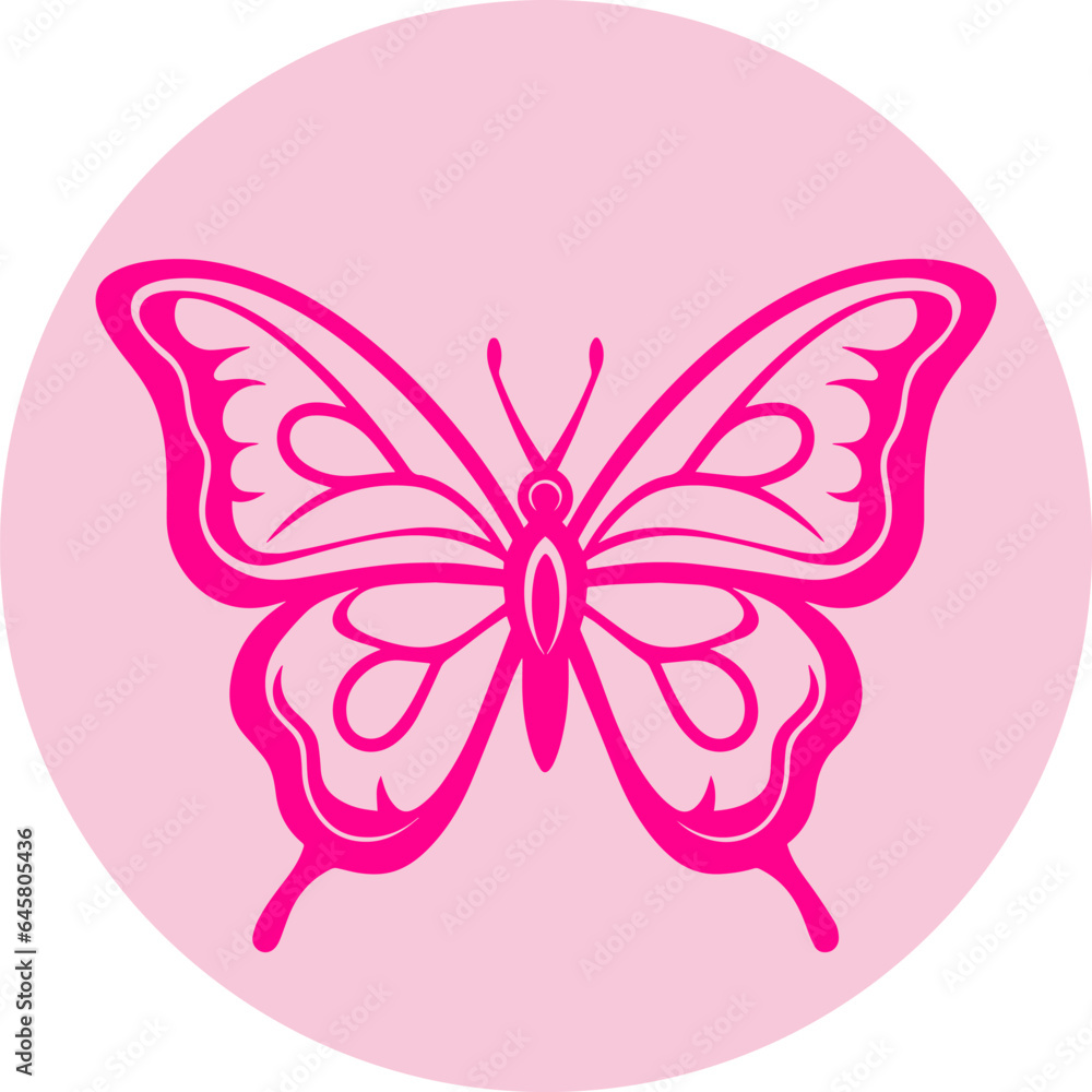 Pink butterfly mascot silhouette in a circle. Flat vector illustration. Pink butterfly mascot silhouette in a circle. Flat vector illustration.
