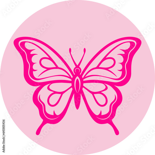 Pink butterfly mascot silhouette in a circle. Flat vector illustration.