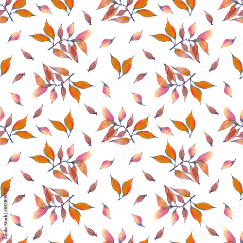 Autumn leaves Watercolor seamless pattern. Cute background for decor, cards, logo, banners, cover, wrapping paper.