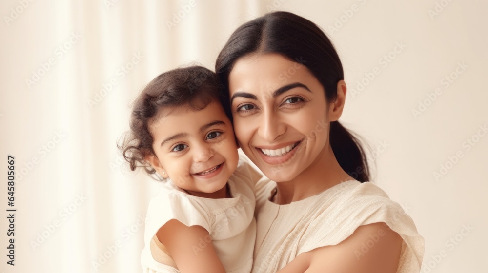 Lovely mother and child posing in a light sunny room. Generative AI Lovely mother and child posing in a light sunny room. Generative AI
