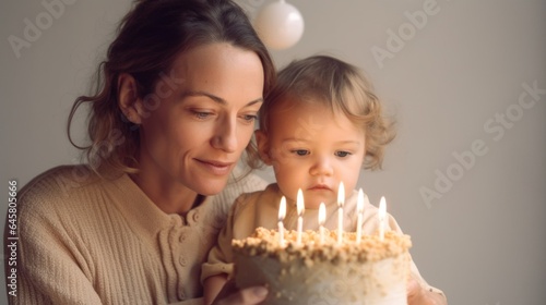 A loving mother and child with a birthday cake in a studio, Generative AI