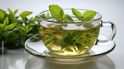 A cup of hot tea with fresh leaves in a transparent glass on a white background