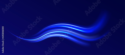 Abstract energy in the form of stripe, arc, curl and zigzag in neon colors with light effect. Speed of light concept background. 