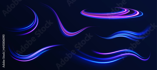 Curved light trail stretched upward.Lines in the shape of a comet against a dark background. Car motion trails. 