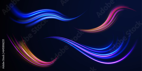 Neon line as speed or arc, turn, twist, bend in light effect. Light arc in neon colors, in the form of a turn and a zigzag. ig set of light neon lines in the form of swirl and spirals.  
