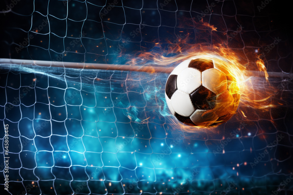 Naklejka premium Soccer football scores a goal