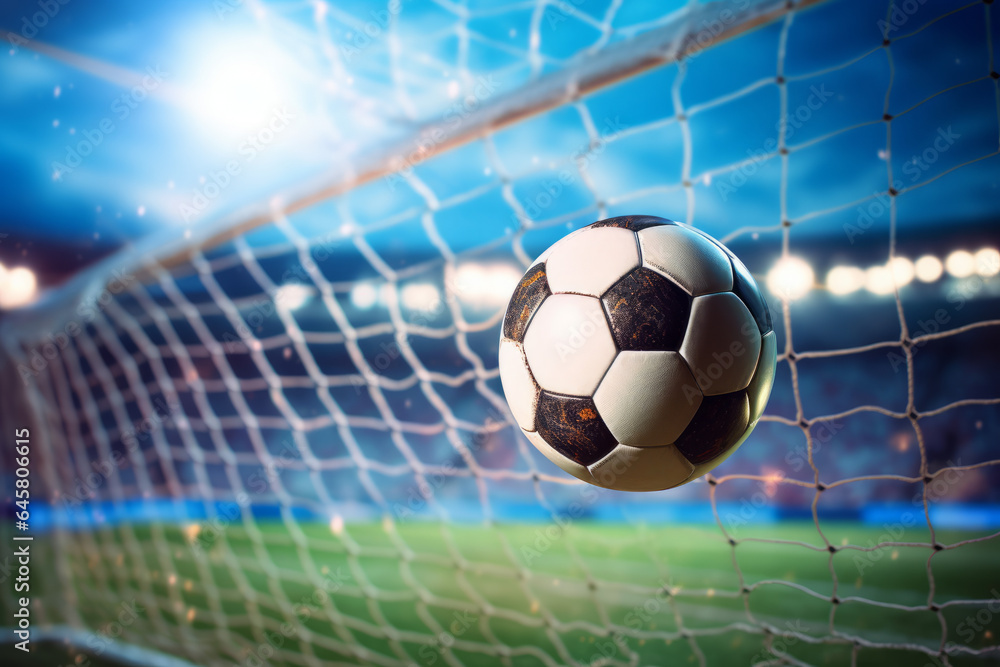 Naklejka premium Soccer football scores a goal