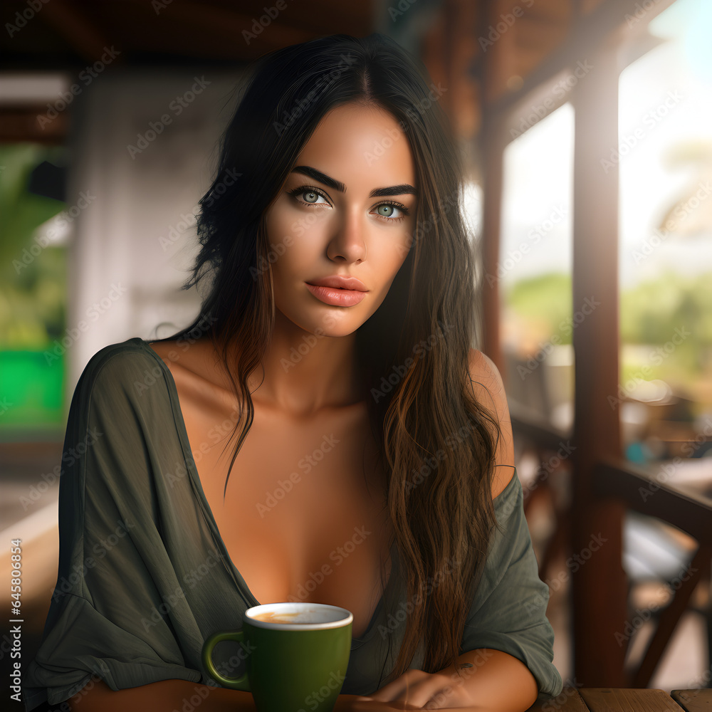 Beautiful Colombian brunette woman sitting at a beach bar Beautiful Colombian brunette woman sitting at a beach bar
