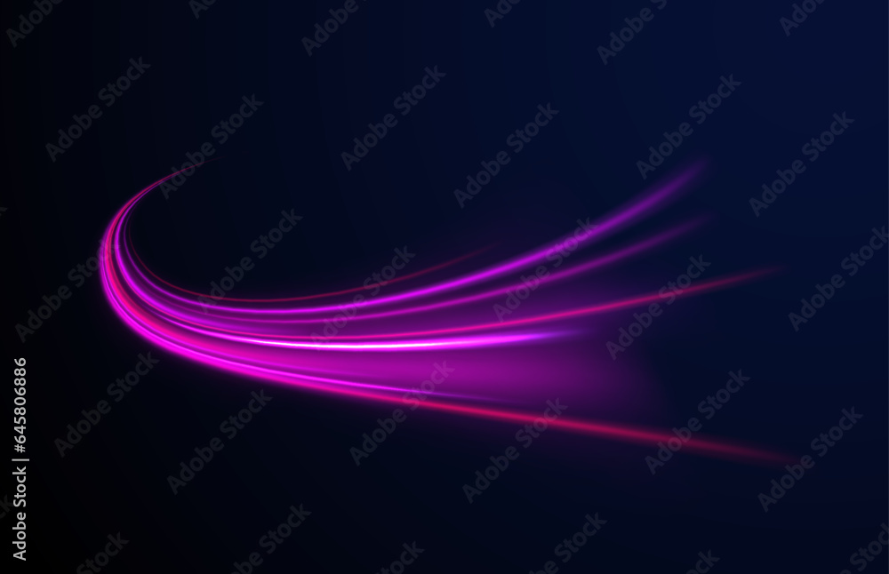 © ANATOLII - Neon line as speed or arc, turn, twist, bend in light effect. Light arc in neon colors, in the form of a turn and a zigzag. Abstract background in blue, yellow and orange neon colors.