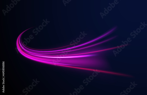 Neon line as speed or arc, turn, twist, bend in light effect. Light arc in neon colors, in the form of a turn and a zigzag. Abstract background in blue, yellow and orange neon colors.