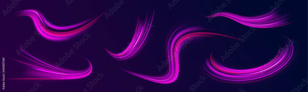 Neon stripes in the form of drill, turns and swirl. Speed of light concept background. Car motion trails. Speed line motion vector background. Neon stripes in the form of drill, turns and swirl. Speed of light concept background. Car motion trails. Speed line motion vector background.