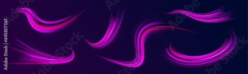 Neon stripes in the form of drill, turns and swirl. Speed of light concept background. Car motion trails. Speed line motion vector background.