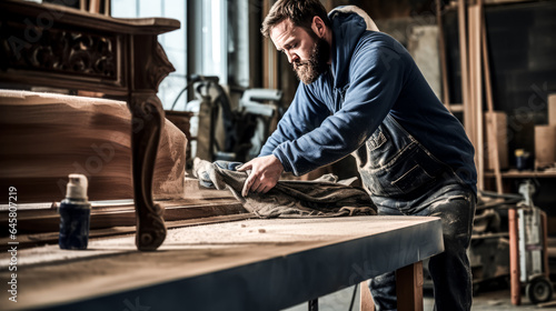 He crafts furniture with denim and a sweatshirt.