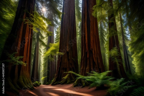a majestic and awe-inspiring ancient redwood grove  a realm where towering trees have reigned in timeless splendor for centuries - AI Generative
