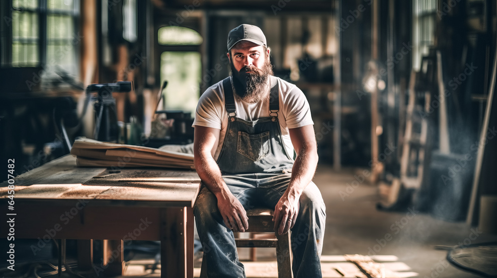 He expertly planes wood, his beard and clothing giving him a timeless, master craftsman look. He expertly planes wood, his beard and clothing giving him a timeless, master craftsman look.