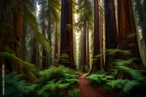 a majestic and awe-inspiring ancient redwood grove  a realm where towering trees have reigned in timeless splendor for centuries - AI Generative