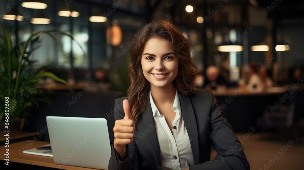 Portrait of young businesswoman showing thumbs up while sitting in cafe
