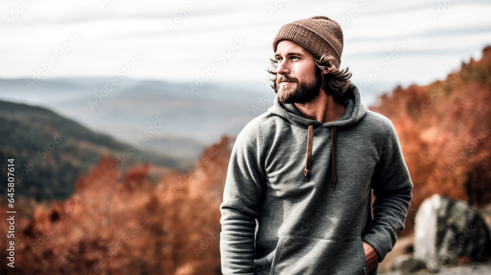 He stands atop a mountain, admiring the stunning view, wrapped in cozy merino wool layers.