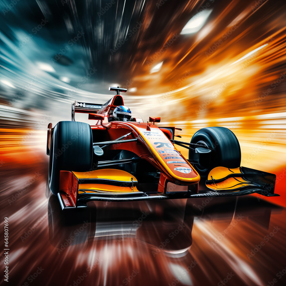 A racing car passes the track, with motion blur background