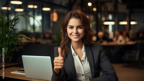 Portrait of young businesswoman showing thumbs up while sitting in cafe