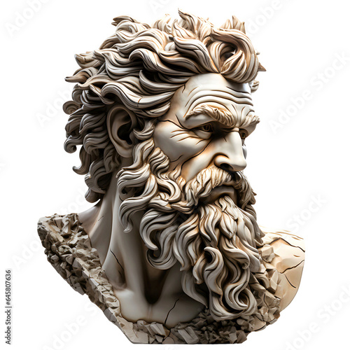 Zeus. Ancient marble greek sculpture. Decoration, head, bust. Transparent or white background, png.