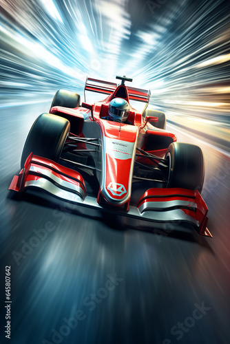 A racing car passes the track, with motion blur background