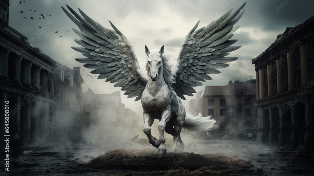Gracefully flying over a square, a pegasus - obrazy, fototapety, plakaty 