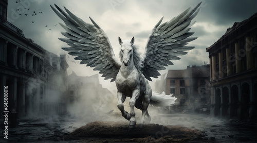 Gracefully flying over a square, a pegasus photo