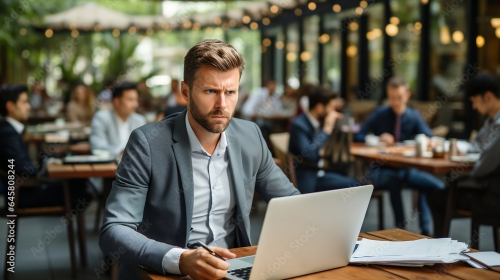 Serious young businessman sitting at table in cafe and working on laptop Serious young businessman sitting at table in cafe and working on laptop