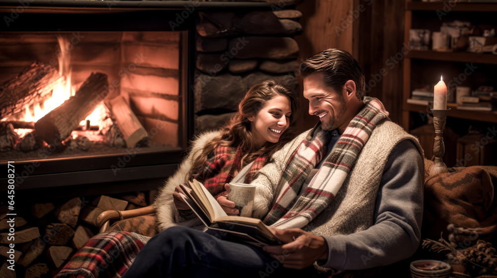 He and she cozy up by the fire, enjoying a book together.