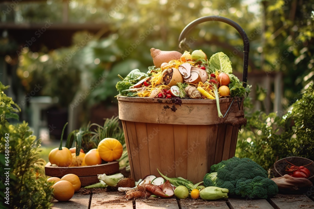 Kitchen waste recycling in composter for Eco-Friendly Gardening and Recycling, Woman composting food waste. Outdoor compost bin for reducing kitchen waste Kitchen waste recycling in composter for Eco-Friendly Gardening and Recycling, Woman composting food waste. Outdoor compost bin for reducing kitchen waste