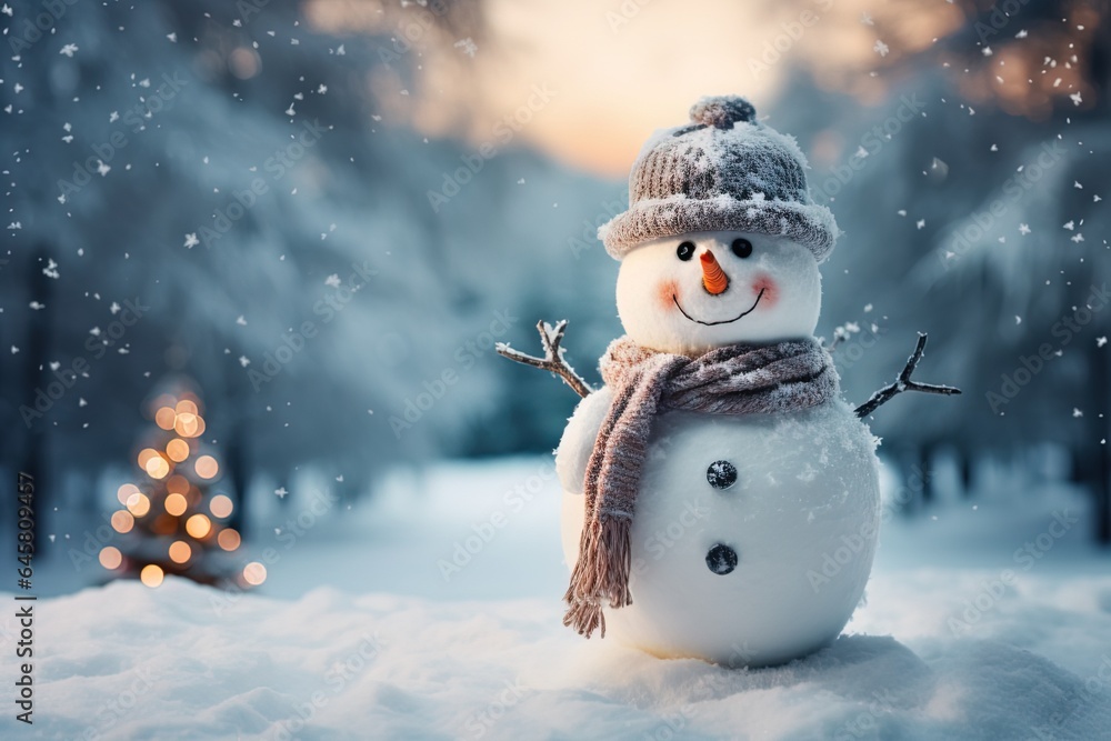 Little cute happy snowman wearing a gray hat and scarf on a defocused background of a winter snowy forest