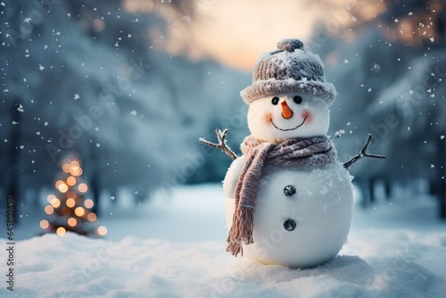 Little cute happy snowman wearing a gray hat and scarf on a defocused background of a winter snowy forest