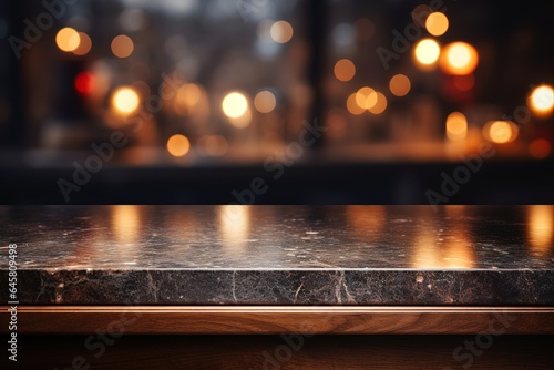 Selective focus of dark blue marble countertop on wooden counter. Luxury kitchen bokeh background