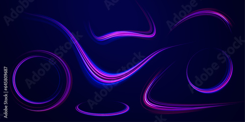 Light arc in neon colors, in the form of a turn and a zigzag. Big set of light neon lines in the form of swirl and spirals. Abstract background in blue, yellow and orange neon colors.