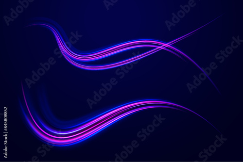 Neon line as speed or arc, turn, twist, bend in light effect. Light arc in neon colors, in the form of a turn and a zigzag. Abstract background in blue, yellow and orange neon colors.