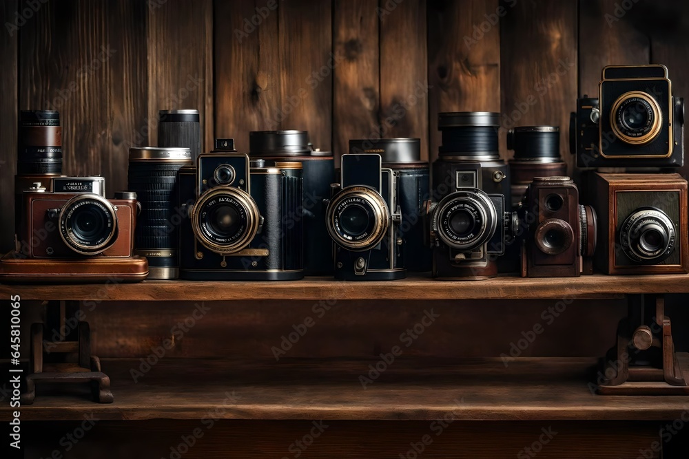 an ultra-realistic image of a vintage camera collection displayed on a well-worn wooden shelf - AI Generative