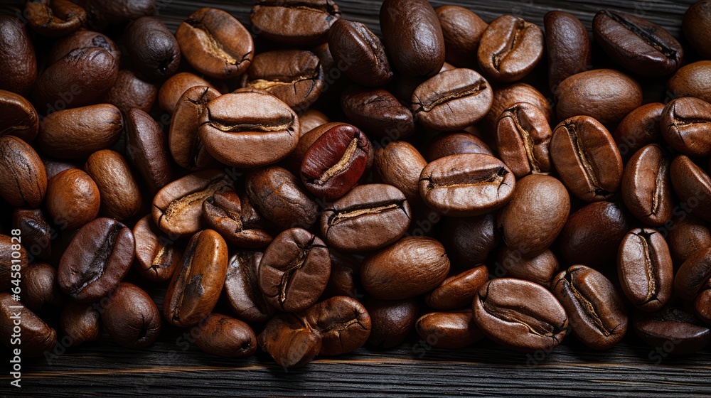 Fototapeta premium Brown Roasted Coffee Beans On Old Wooden Background