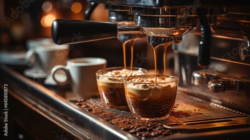 Cafe Barista hand making coffee with ground coffee manually using tamper with coffee machine in cafe bar