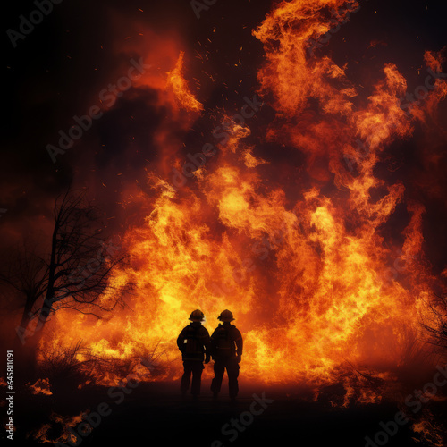 Silhouette of firemen fighting a fire