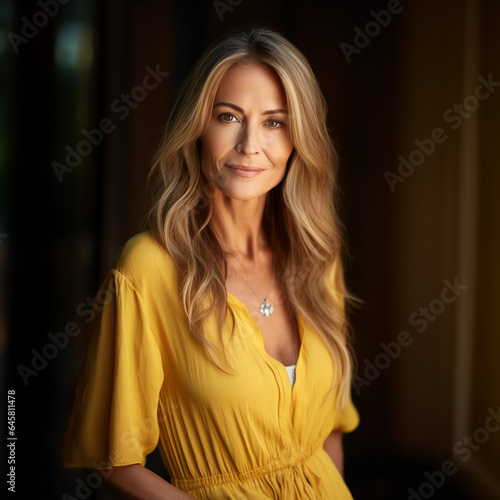 Cute middle aged woman smiling in yellow dress. Generated by AI.