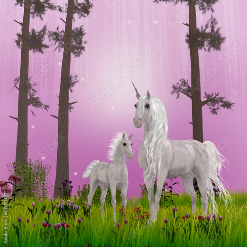 Forest Unicorn Dreams - A legendary white unicorn mare and her foal stand among pine trees and flowering tulips.